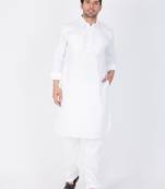 White Cotton Blend Plain Pathani Kurta Pajama For 