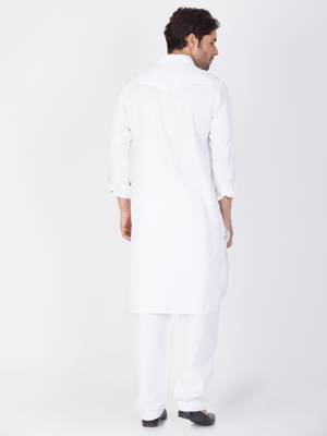 White Cotton Blend Plain Pathani Kurta Pajama For  3