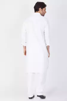 White Cotton Blend Plain Pathani Kurta Pajama For 