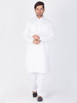 White Cotton Blend Plain Pathani Kurta Pajama For  4