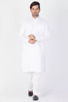 White Cotton Blend Plain Pathani Kurta Pajama For 