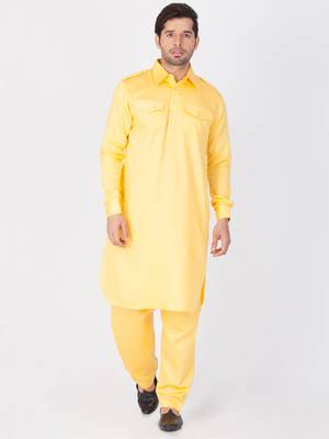 Men'S Yellow Cotton Blend Pathani Kurta Set 1