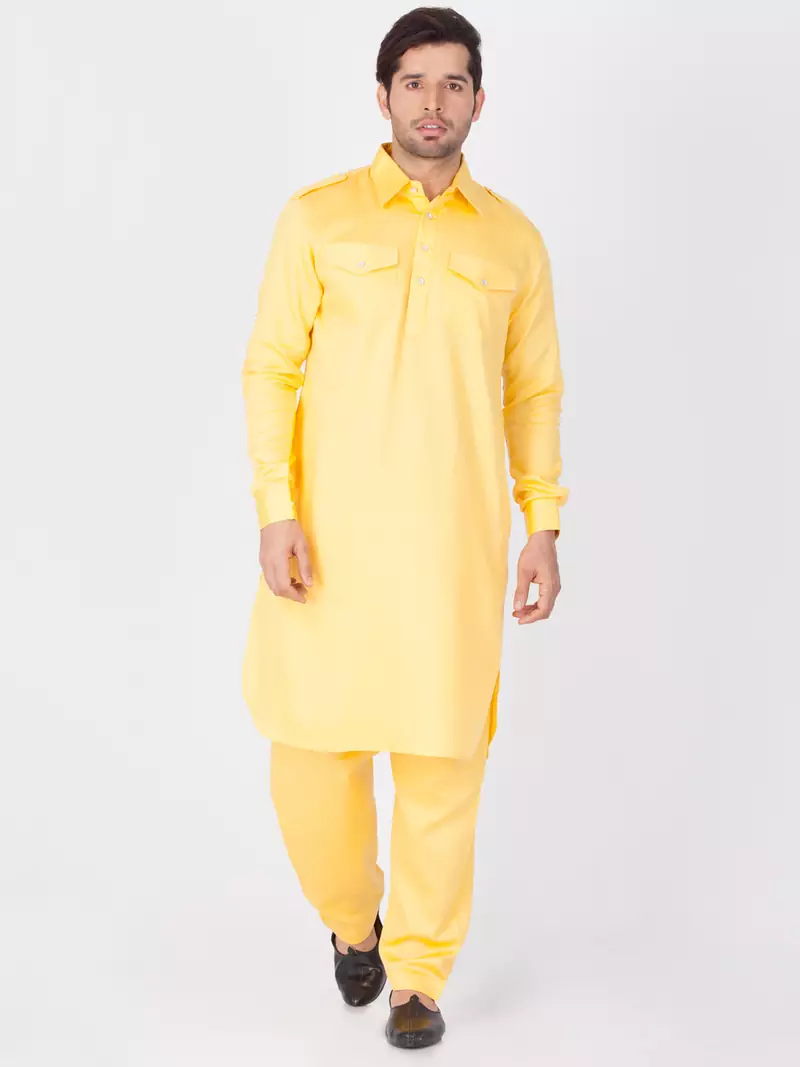 Men Yellow Cotton Pathani/Khan Suit Set