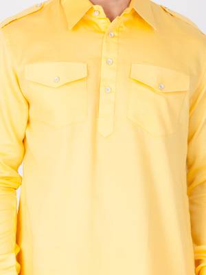 Men'S Yellow Cotton Blend Pathani Kurta Set 2