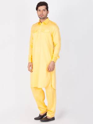 Men'S Yellow Cotton Blend Pathani Kurta Set 3