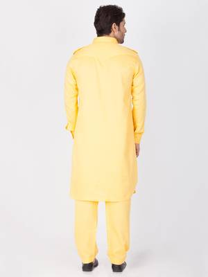 Men'S Yellow Cotton Blend Pathani Kurta Set 4