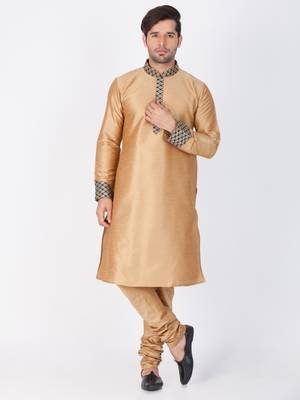 Men Gold Cotton Silk Kurta And Pyjama Set 1