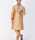 Men Gold Cotton Silk Kurta And Pyjama Set
