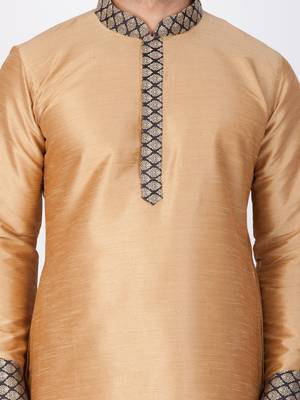 Men Gold Cotton Silk Kurta And Pyjama Set 2