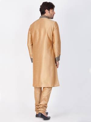 Men Gold Cotton Silk Kurta And Pyjama Set 3
