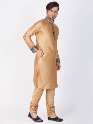 Men Gold Cotton Silk Kurta And Pyjama Set 4