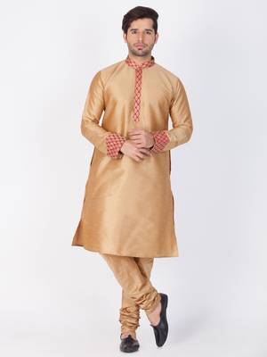 Men Gold Cotton Silk Kurta And Pyjama Set 1