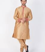 Men Gold Cotton Silk Kurta And Pyjama Set