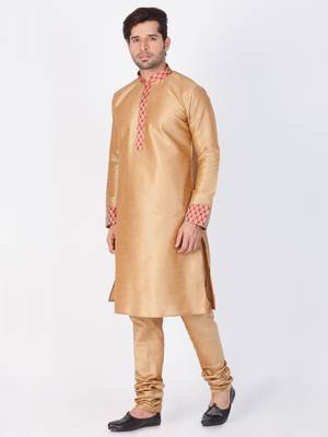 Men Gold Cotton Silk Kurta And Pyjama Set 2
