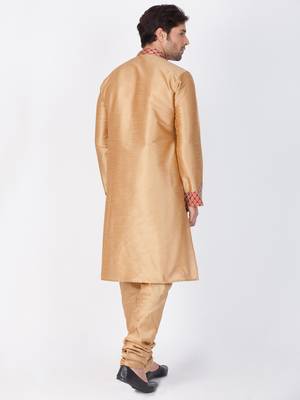 Men Gold Cotton Silk Kurta And Pyjama Set 4