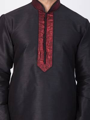 Men Black Cotton Silk Kurta And Pyjama Set 2