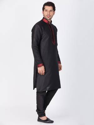Men Black Cotton Silk Kurta And Pyjama Set 3