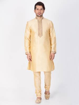 Men Gold Cotton Silk Kurta And Pyjama Set 1