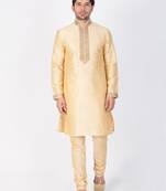 Men Gold Cotton Silk Kurta And Pyjama Set