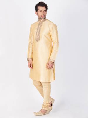 Men Gold Cotton Silk Kurta And Pyjama Set 2
