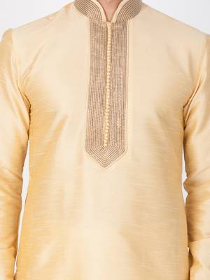 Men Gold Cotton Silk Kurta And Pyjama Set 3