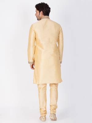 Men Gold Cotton Silk Kurta And Pyjama Set 4