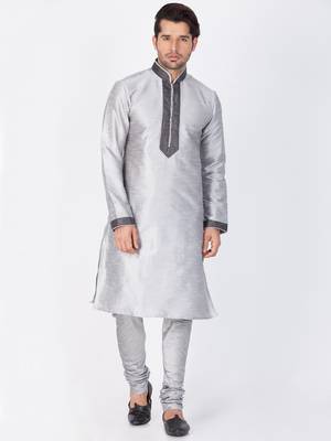 Men Grey Cotton Silk Kurta And Pyjama Set 1