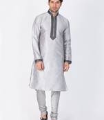 Men Grey Cotton Silk Kurta And Pyjama Set