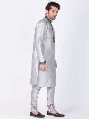 Men Grey Cotton Silk Kurta And Pyjama Set 3