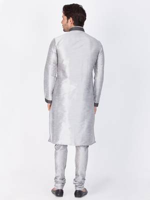 Men Grey Cotton Silk Kurta And Pyjama Set 4