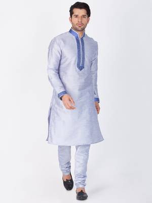 Men Light Blue Cotton Silk Kurta And Pyjama Set 1