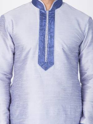 Men Light Blue Cotton Silk Kurta And Pyjama Set 2