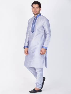 Men Light Blue Cotton Silk Kurta And Pyjama Set 3