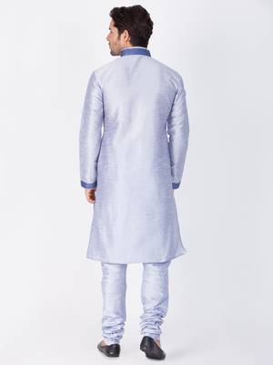 Men Light Blue Cotton Silk Kurta And Pyjama Set 4
