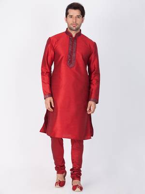 Men Maroon Cotton Silk Kurta And Pyjama Set 1
