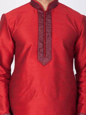 Men Maroon Cotton Silk Kurta And Pyjama Set 2