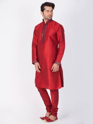 Men Maroon Cotton Silk Kurta And Pyjama Set 3