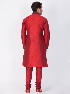 Men Maroon Cotton Silk Kurta And Pyjama Set 4