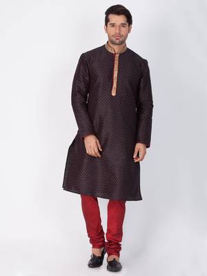 Men Black Cotton Silk Kurta And Pyjama Set 1