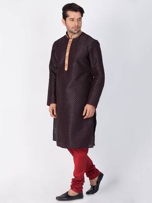 Men Black Cotton Silk Kurta And Pyjama Set 3