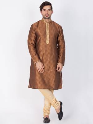 Men Brown Cotton Silk Kurta And Pyjama Set 1