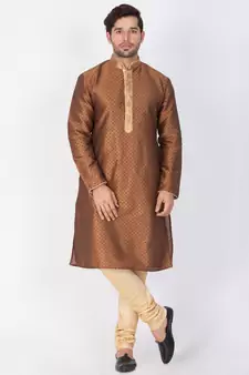 Men Brown Cotton Silk Kurta And Pyjama Set