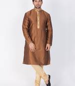 Men Brown Cotton Silk Kurta And Pyjama Set