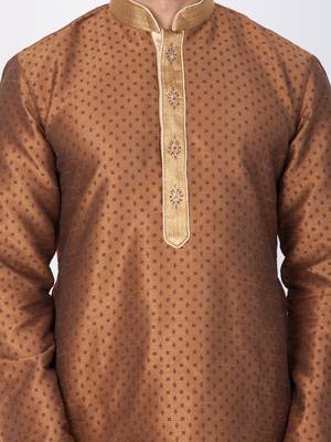 Men Brown Cotton Silk Kurta And Pyjama Set 2