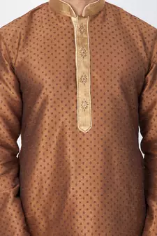 Men Brown Cotton Silk Kurta And Pyjama Set