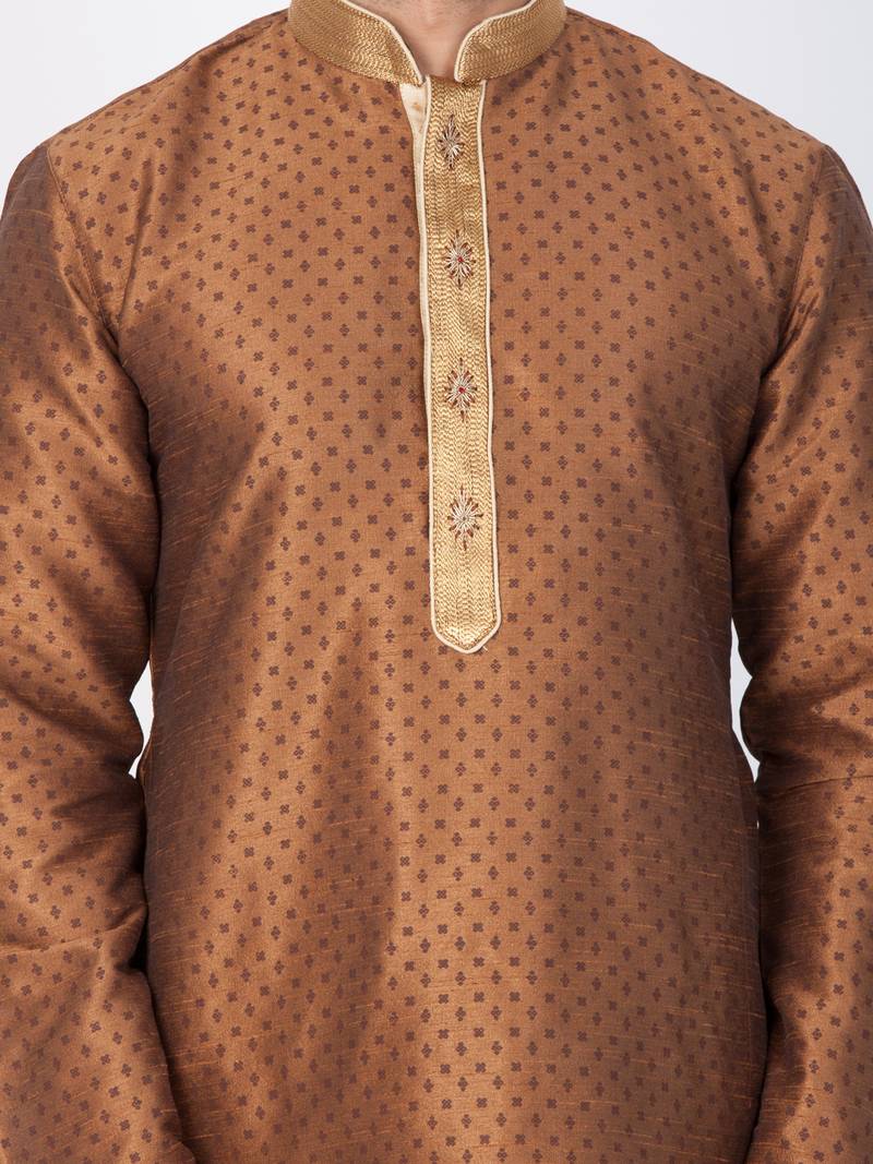 Men Brown Cotton Silk Kurta And Pyjama Set