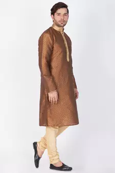 Men Brown Cotton Silk Kurta And Pyjama Set