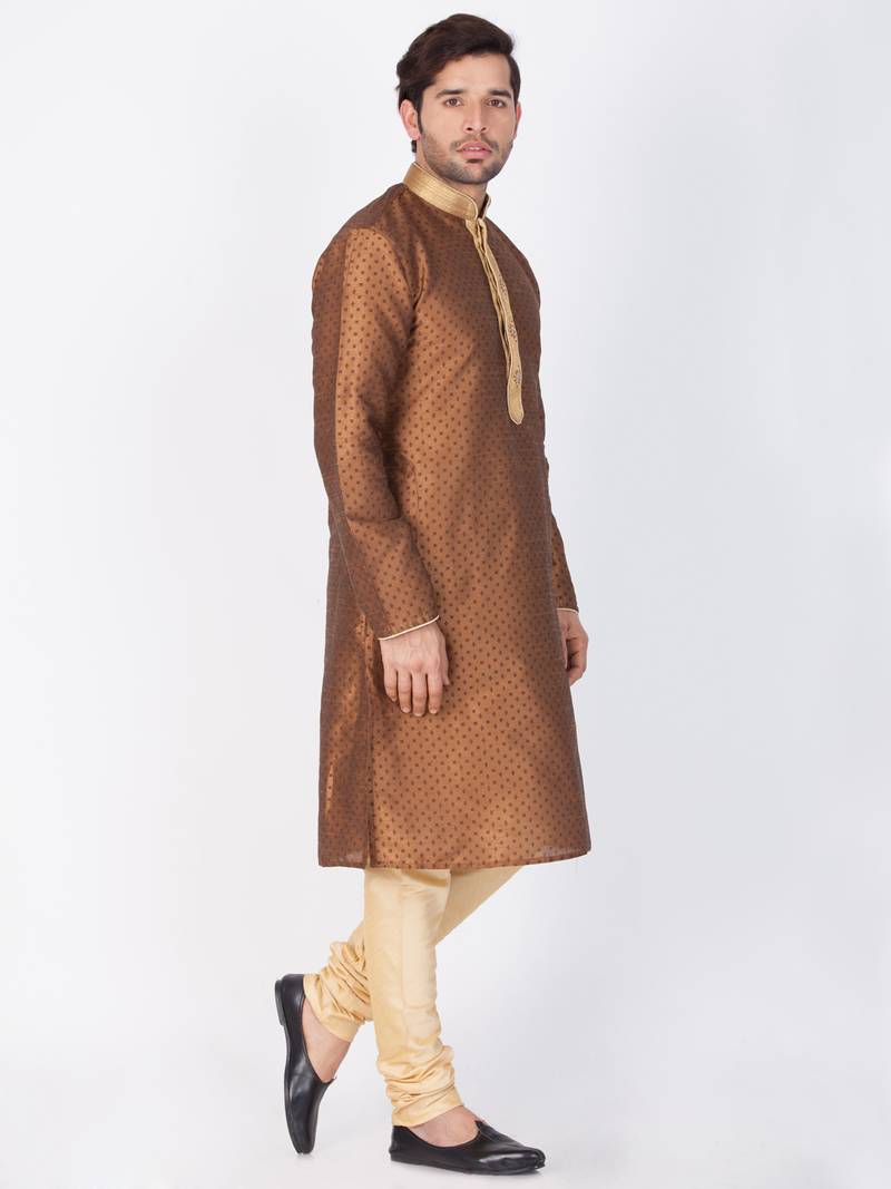 Men Brown Cotton Silk Kurta And Pyjama Set