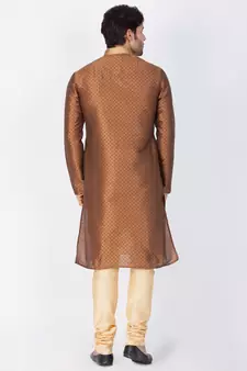 Men Brown Cotton Silk Kurta And Pyjama Set