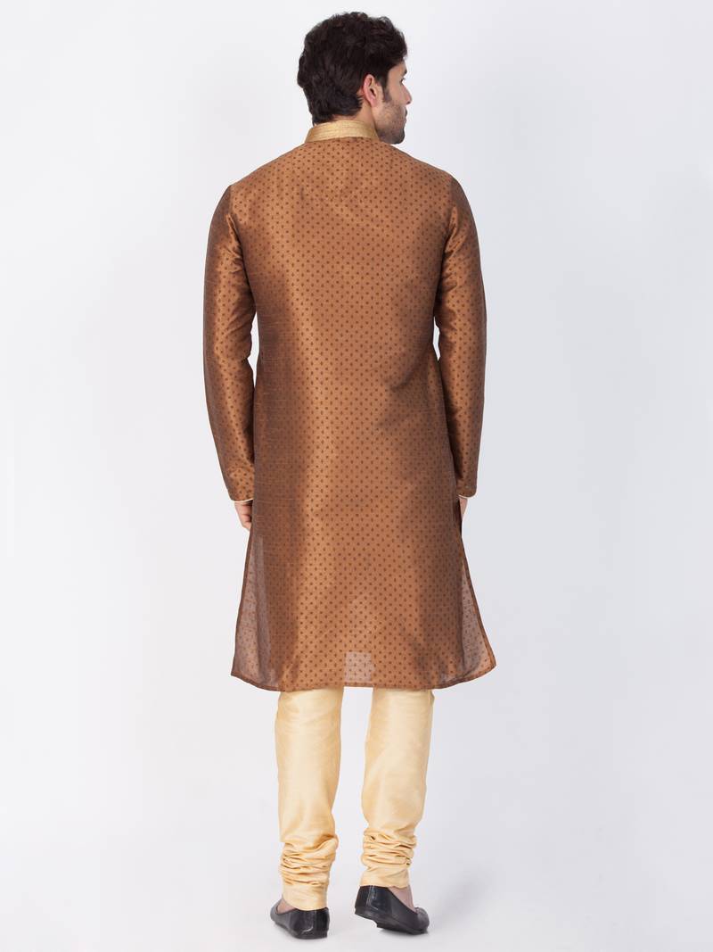 Men Brown Cotton Silk Kurta And Pyjama Set